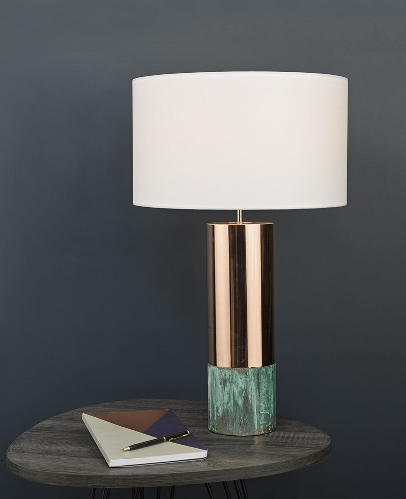 GREEN MARBLE AND COPPER TABLE LAMP WITH SHADE