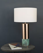 GREEN MARBLE AND COPPER TABLE LAMP WITH SHADE