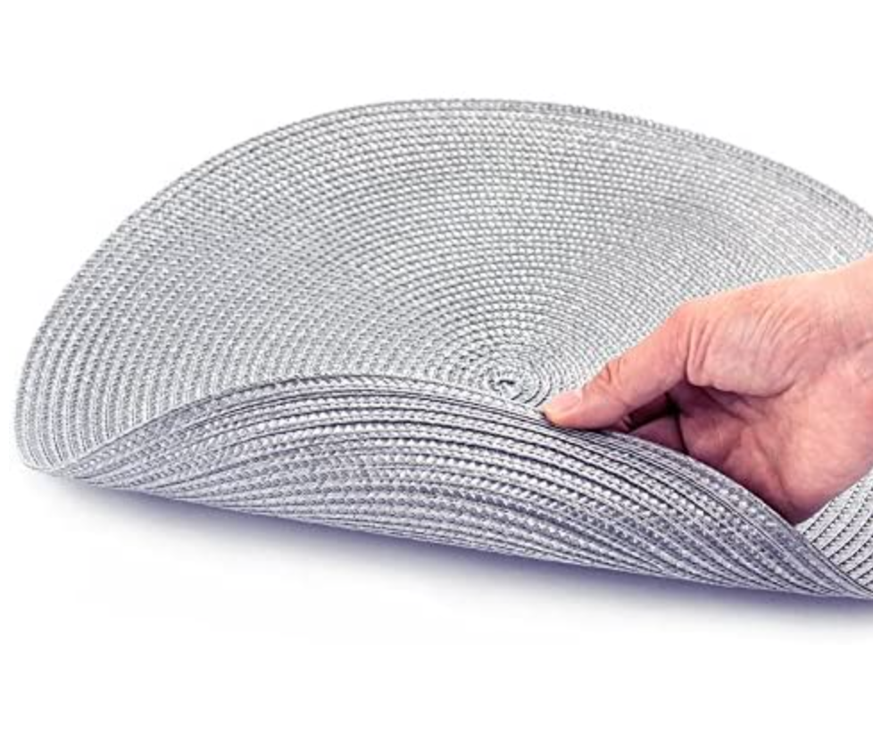 BRAIDED WOVEN ROUND SILVER/GREY PLACEMATS SET x 4