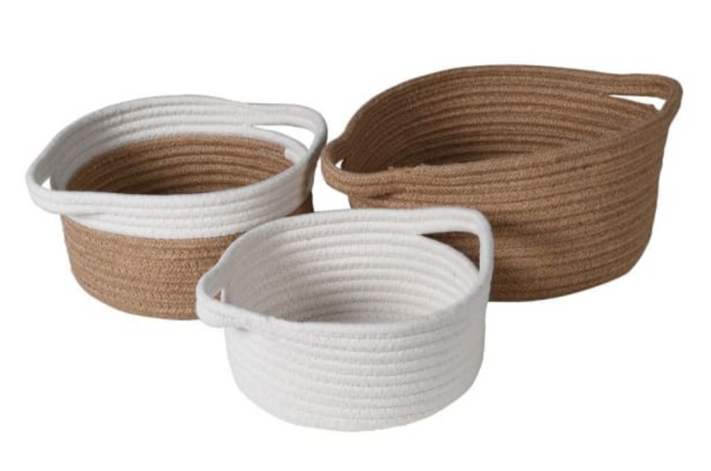 WHITE AND NATURAL WOVEN BASKETS SET X 3